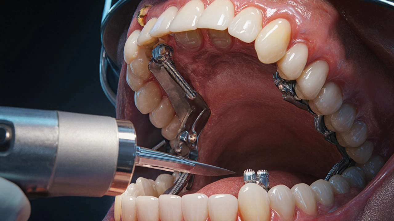 Vnitřní pohled na operaci čelisti s mikropilou a kovovými šroubky.
