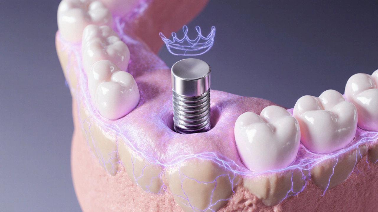 Zahojování kosti kolem zubního implantátu s přirozeným spojením s tkání.