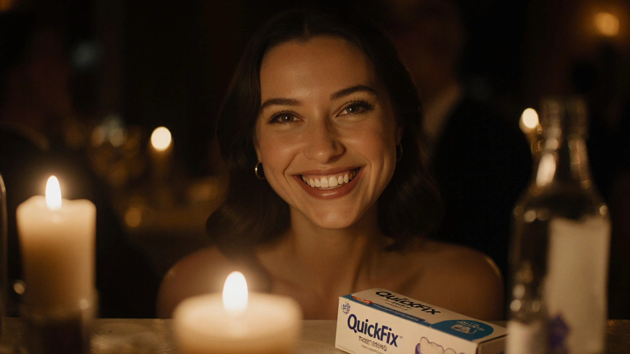 Žena se směje na večírku s přirozeně vypadajícím dočasným zubem.