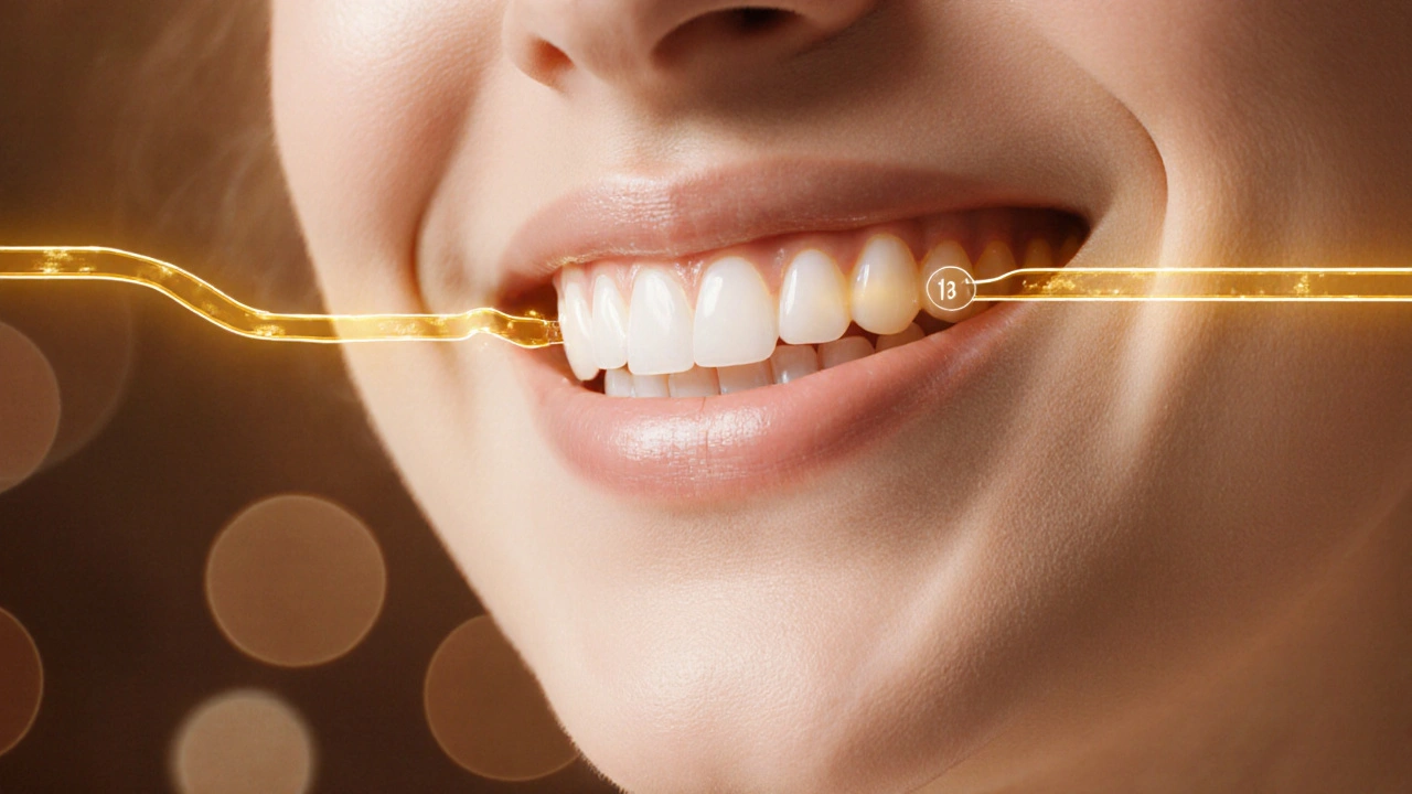 Zub 14 jako klíčový prvek při žvýkání s vyznačenou silovou cestou