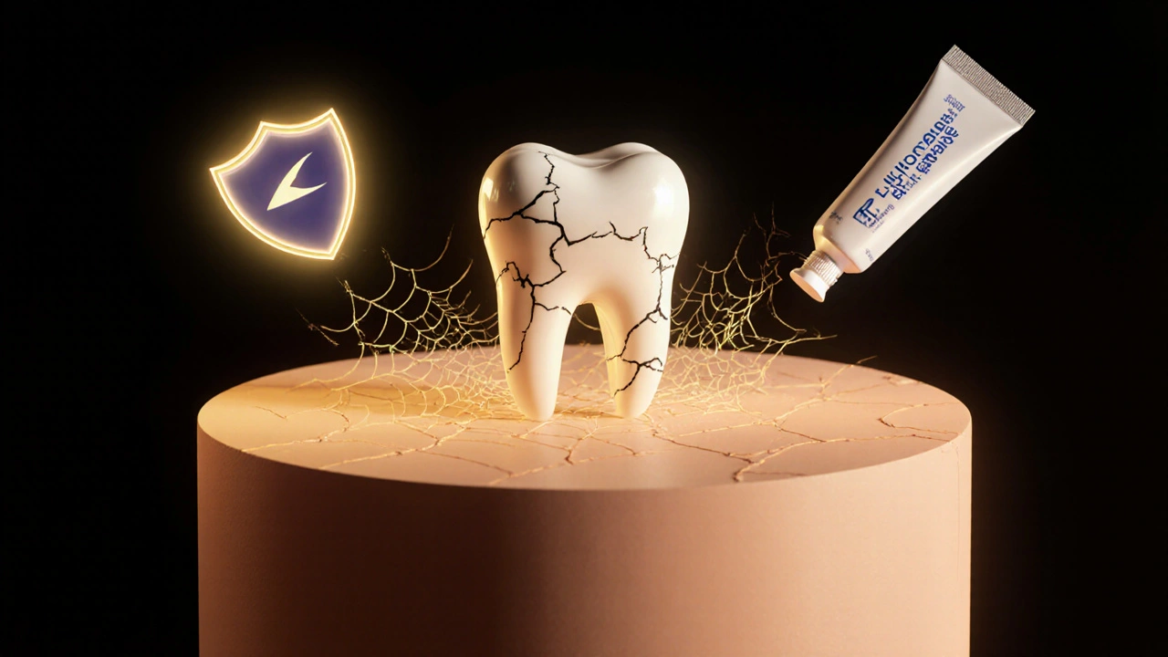 Zub s chybějící korunkou a symbolická ochrana proti poškození.