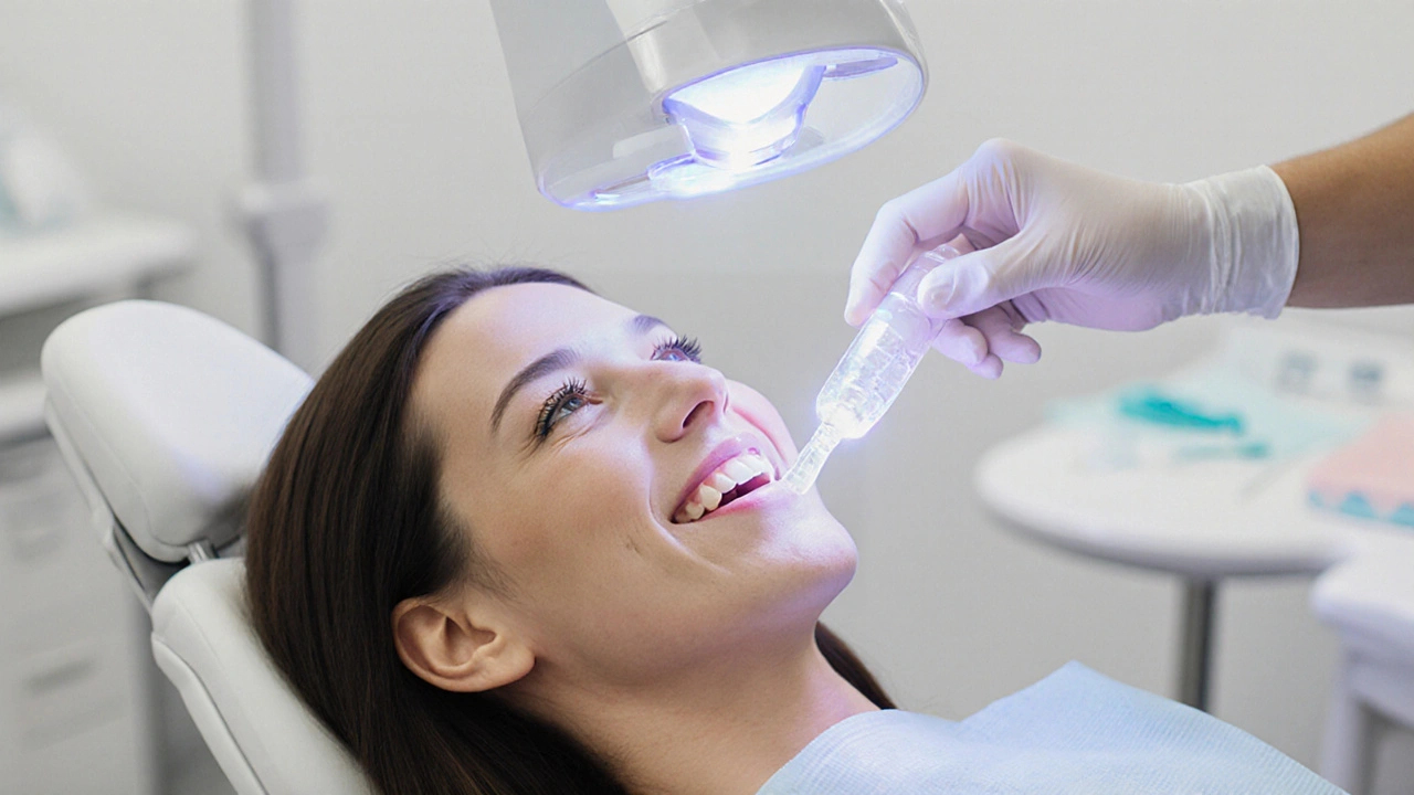 Zubař aplikuje profesionální bělící gel pomocí přizpůsobených forem při světle LED v klinice.