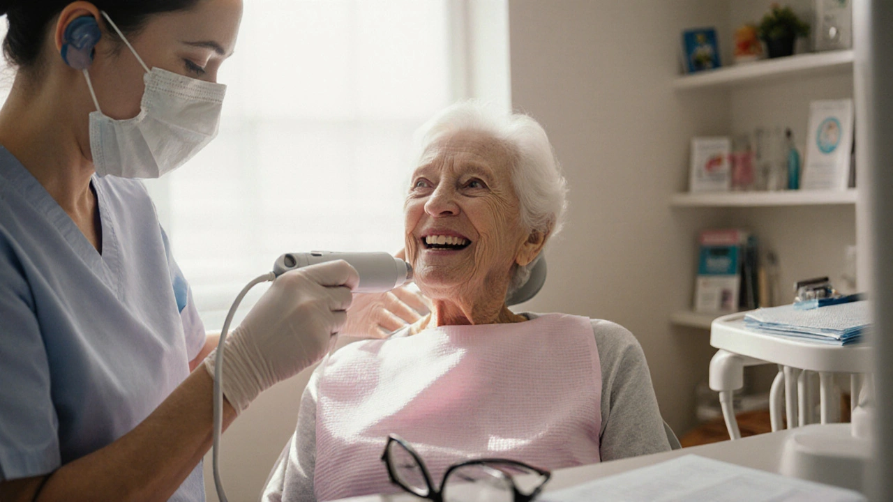 Zubní hygienistka čistí zuby staršího pacienta ultrazvukovým přístrojem v klinice.