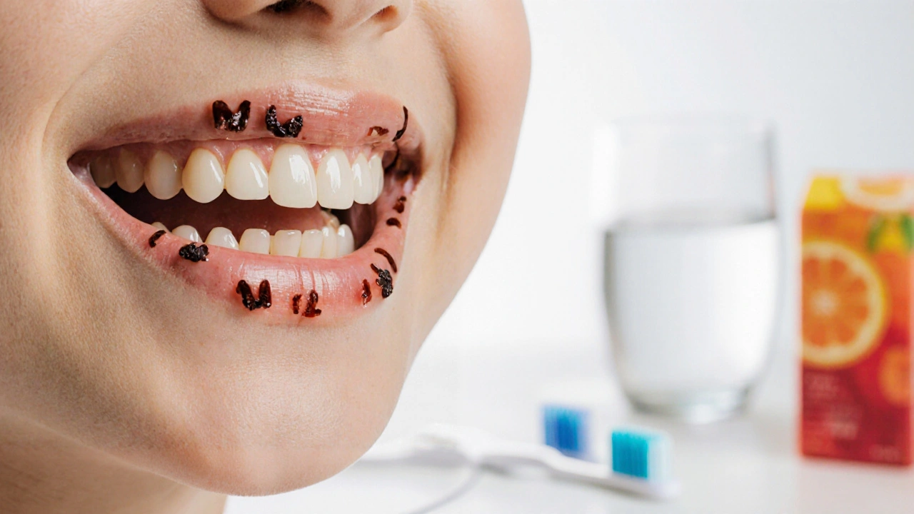 Zubní kámen a zánět dásní na mléčných zubech dítěte.