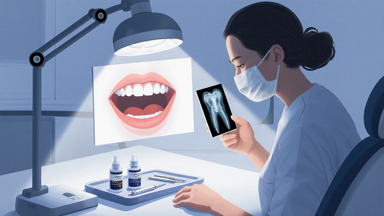 Zubní lékař prohlíží korunku a rentgenový snímek v klinice.