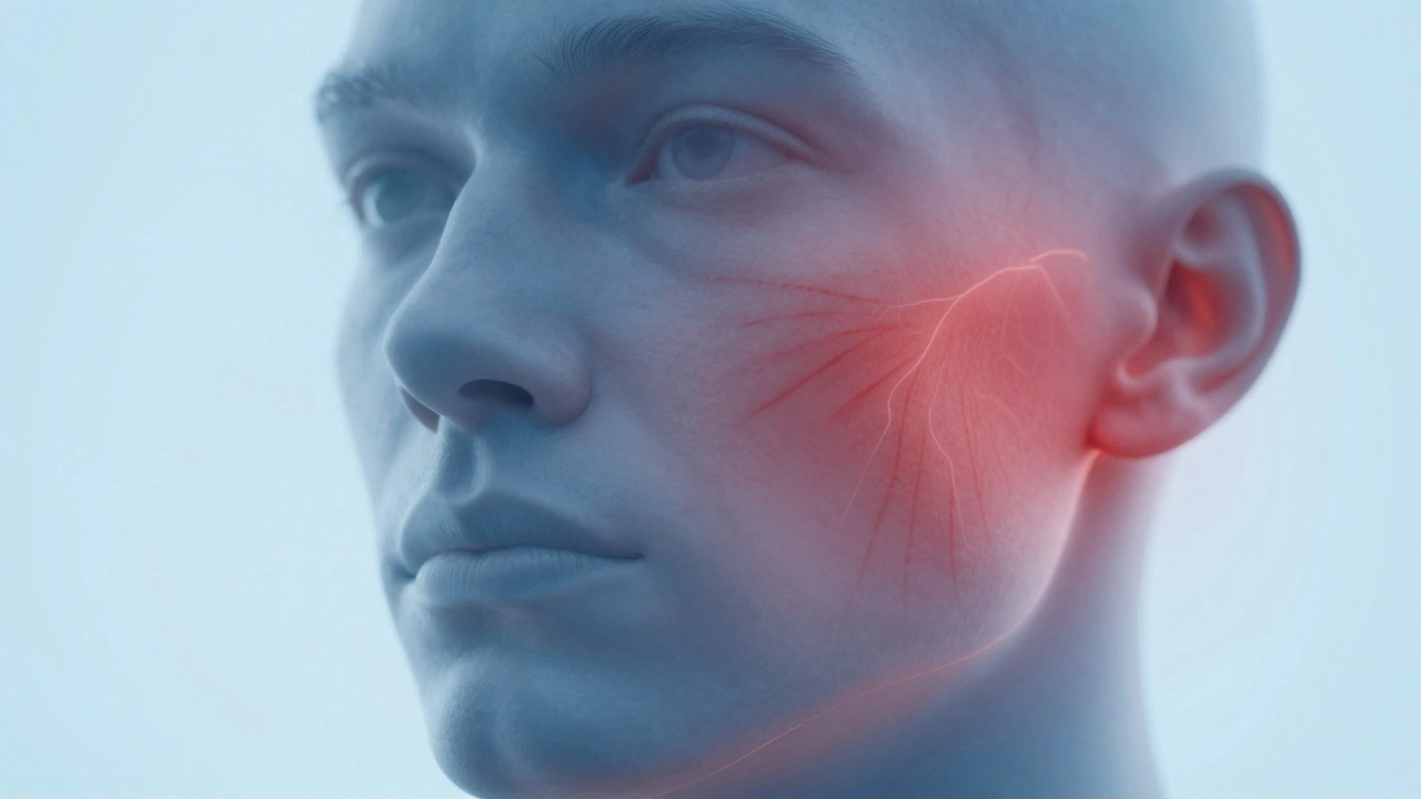 Asymetrický opuch tváře s červenými proužky šířícími se od čelisti.
