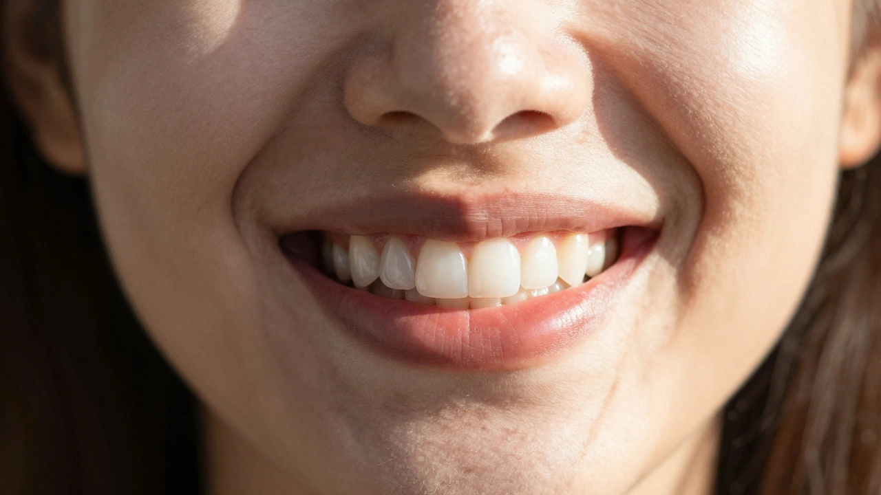 Before-and-after smile transformation showing dull teeth turning into bright, natural-looking veneers.