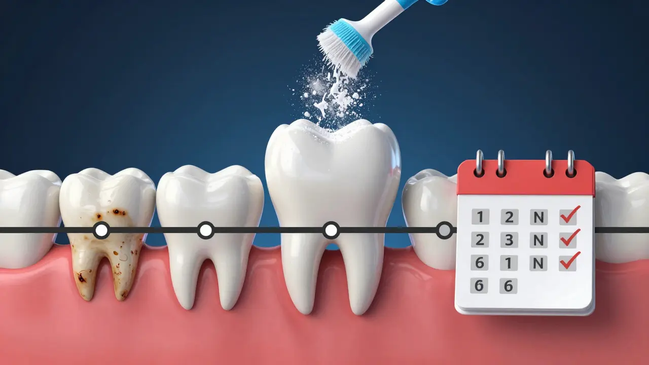Časová osa ukazující postupné čištění zubů a pravidelné návštěvy hygienistky každých 6 měsíců.