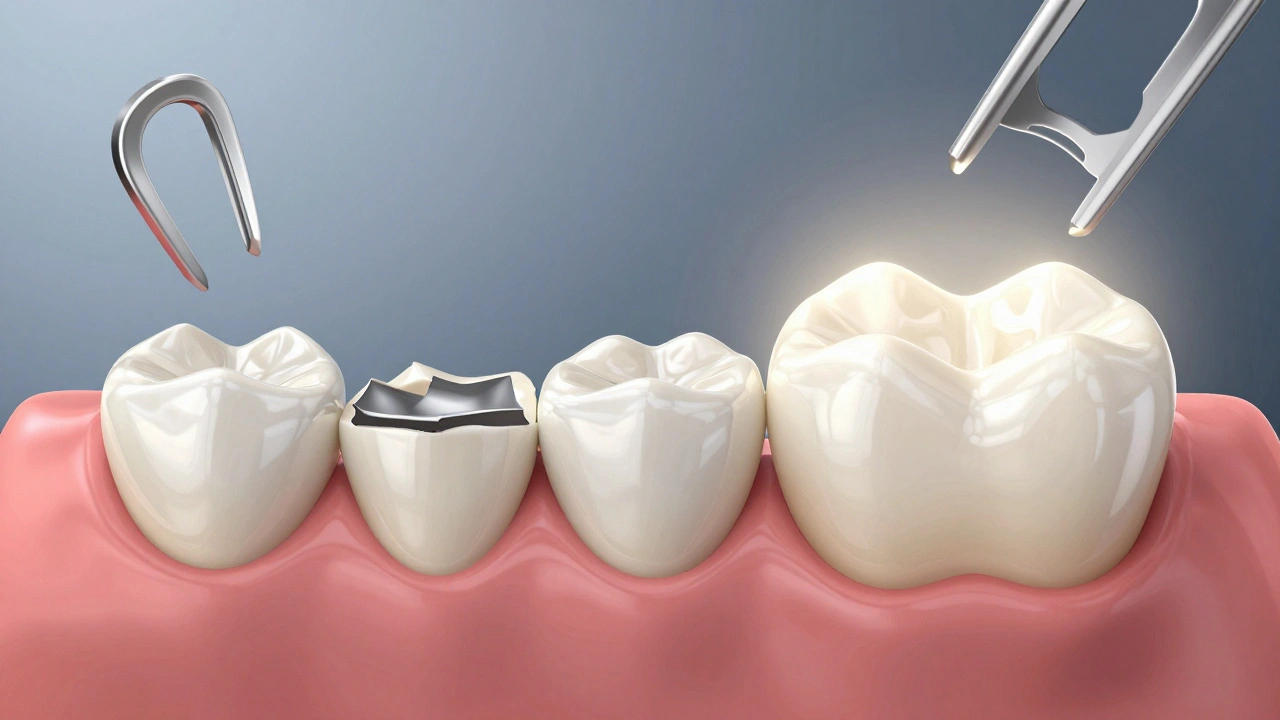 Ceramic crown being placed on a prepared front tooth with comparison to damaged tooth.