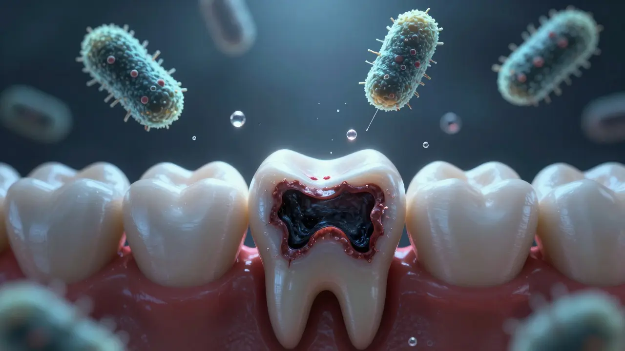 Černá díra v zubu s mikroskopickými bakteriemi vydávajícími kyselinu.