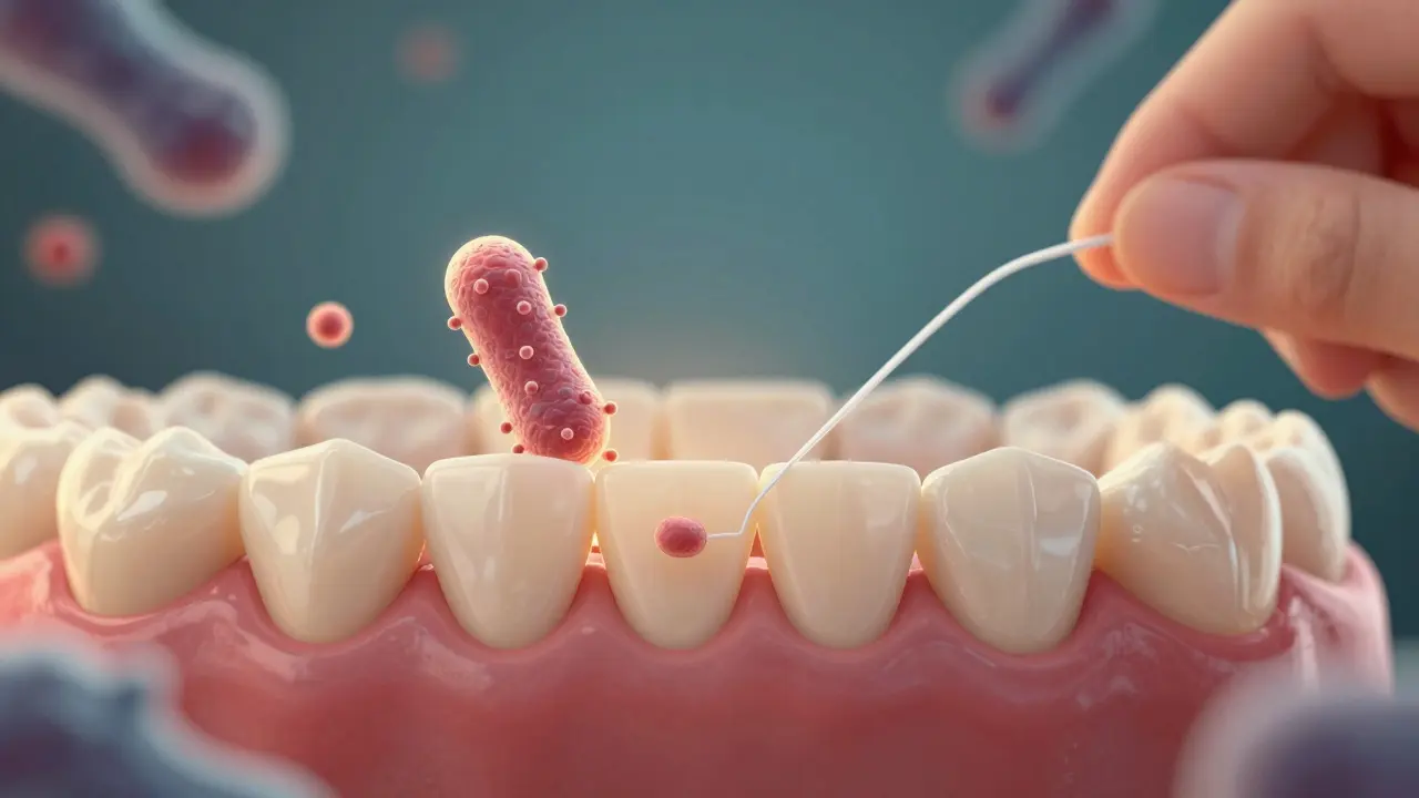 Člověk čistí mezery mezi zuby nití, mikroskopické bakterie jsou odstraňovány
