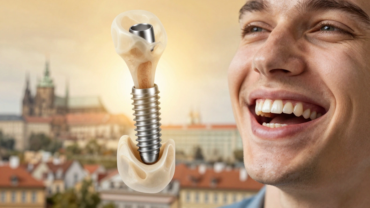 Dental implant integrated into jawbone with golden healing glow and smiling patient.