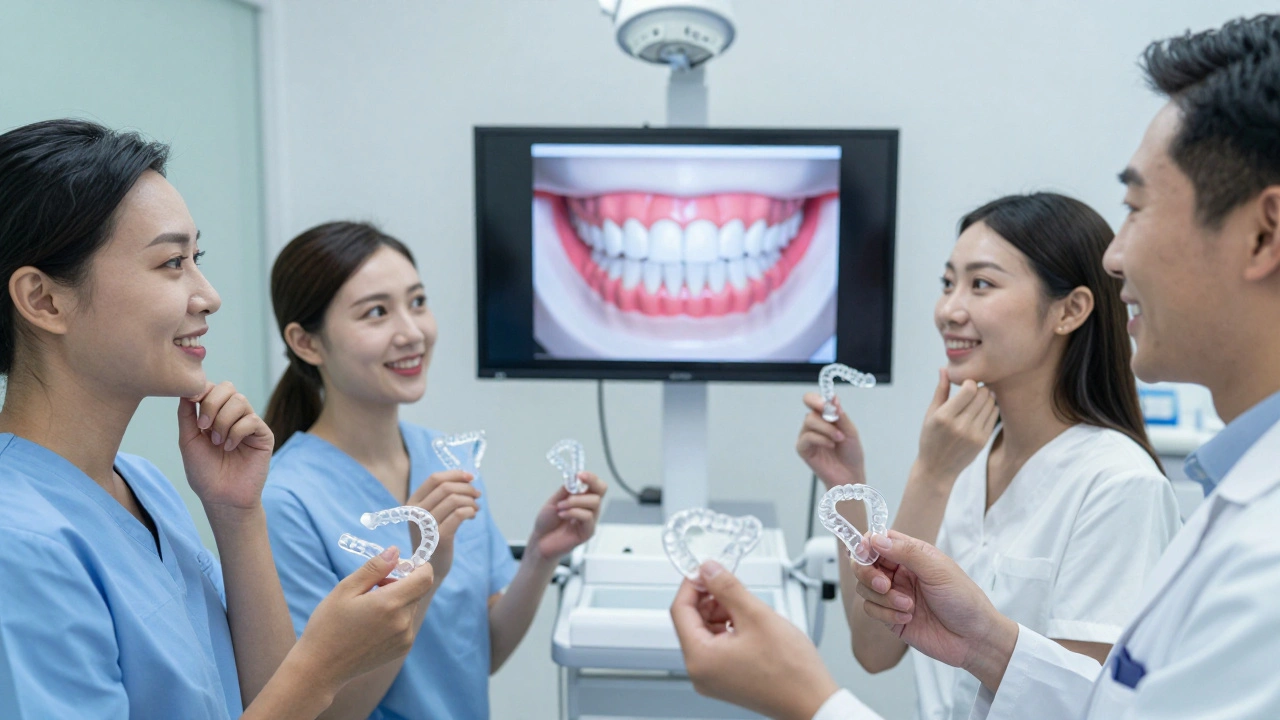 Dospělí v klinice sledují 3D model své budoucí úsměv s transparentními alignery.