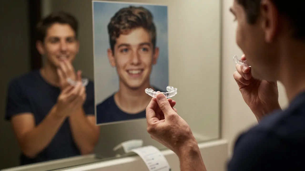 Dospělý muž pozoruje svou opravenou ústa s transparentními rovnátky.