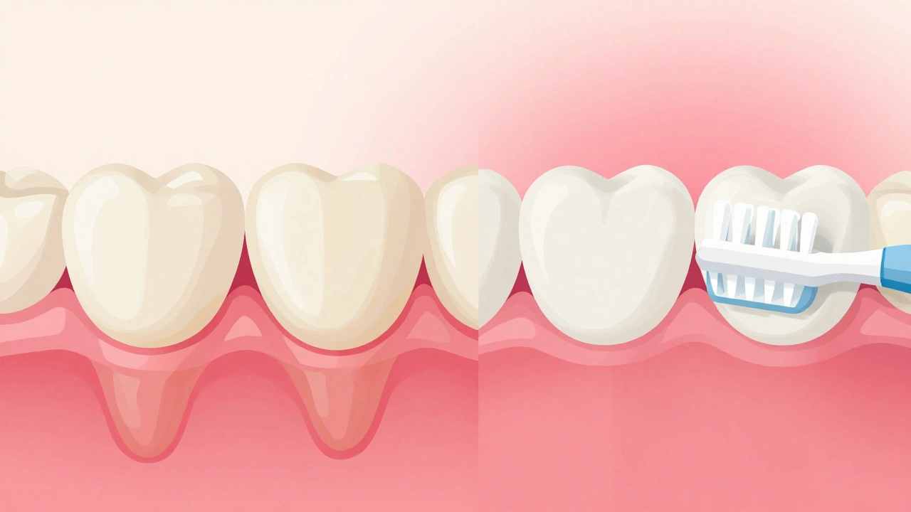 Dva pohledy na zub: s plakem a zánětem vlevo, čistý a zdravý vpravo.