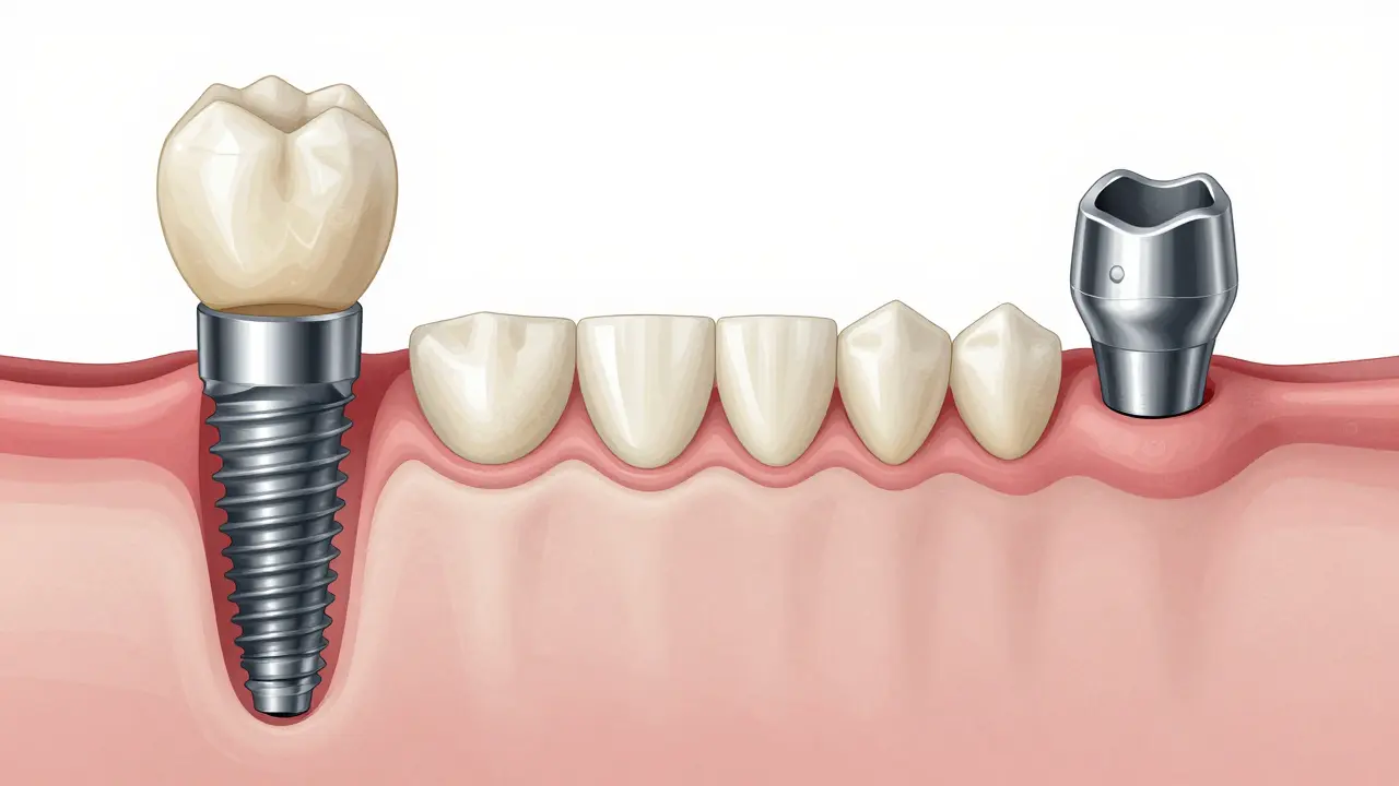 Grafické znázornění hojení zubního implantátu s hojící kapou a abutmentem.