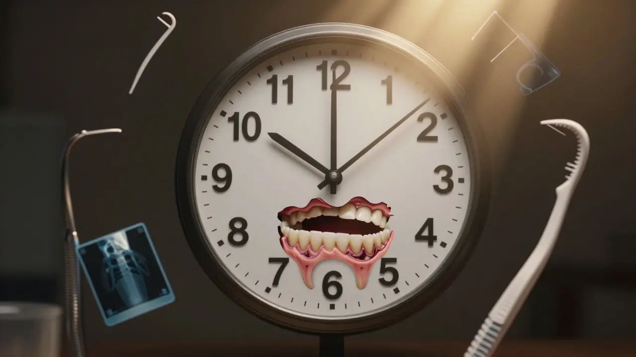 Hodiny s zuby jako číslicemi, znázorňující postupný vývoj mezizubního kazu