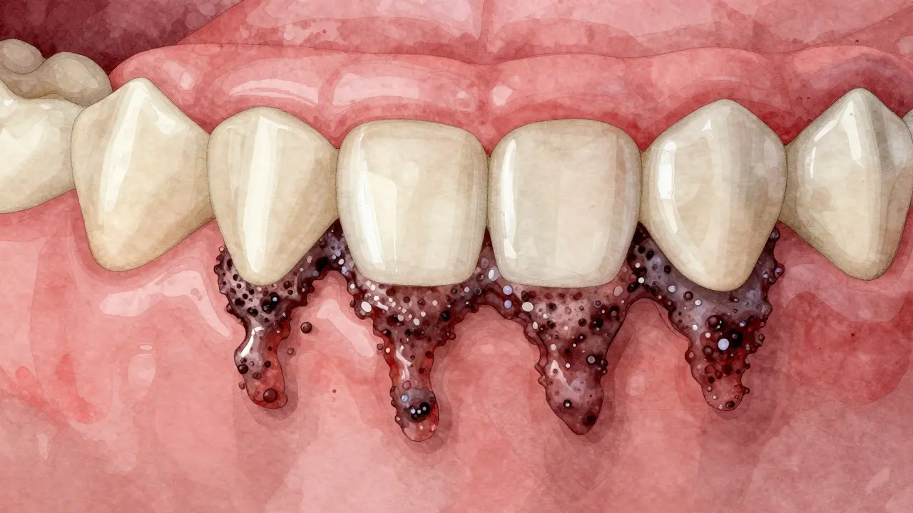 Hromadění zubního kamene na zubech s příznaky zánětu dásní.