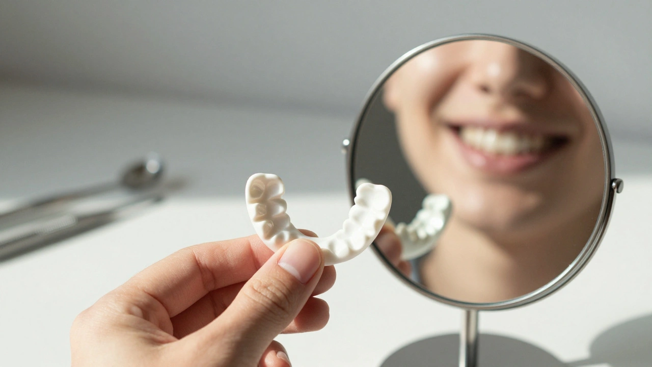 Keramické rovnátko vedle zrcadla, které odrazuje zavřenou mezeru mezi zuby.