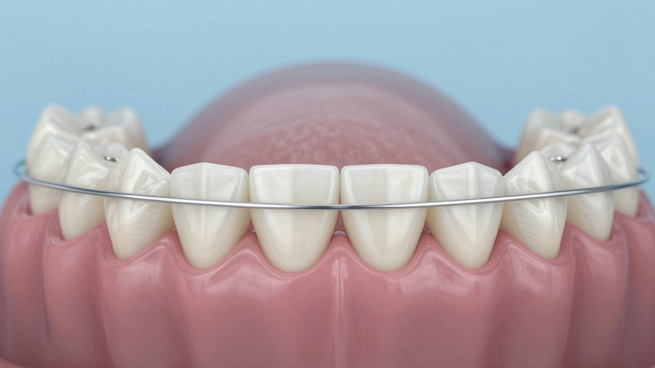 Klíčový detail keramických rovnátek a elastického drátu, který pomalu zavírá mezeru mezi zuby.