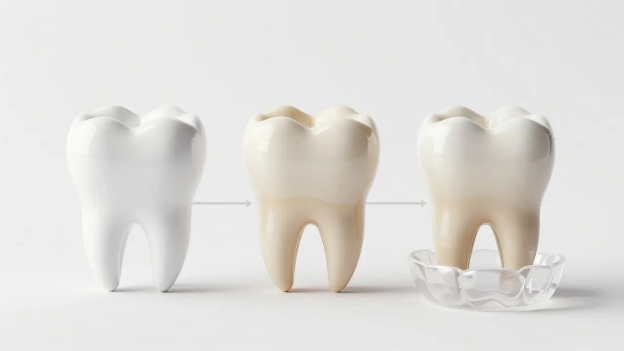 Koncepční přehled vývoje fazety během 20 let: od nového stavu přes opotřebení k dlouhodobé ochraně.