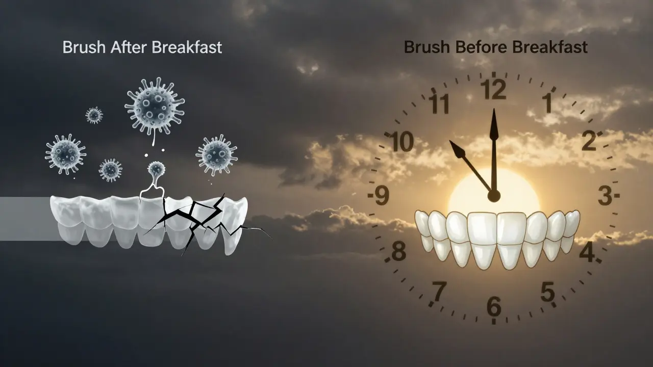 Konceptuální obrázek dvou cest: čištění před nebo po snídání a jejich dopady na zuby.