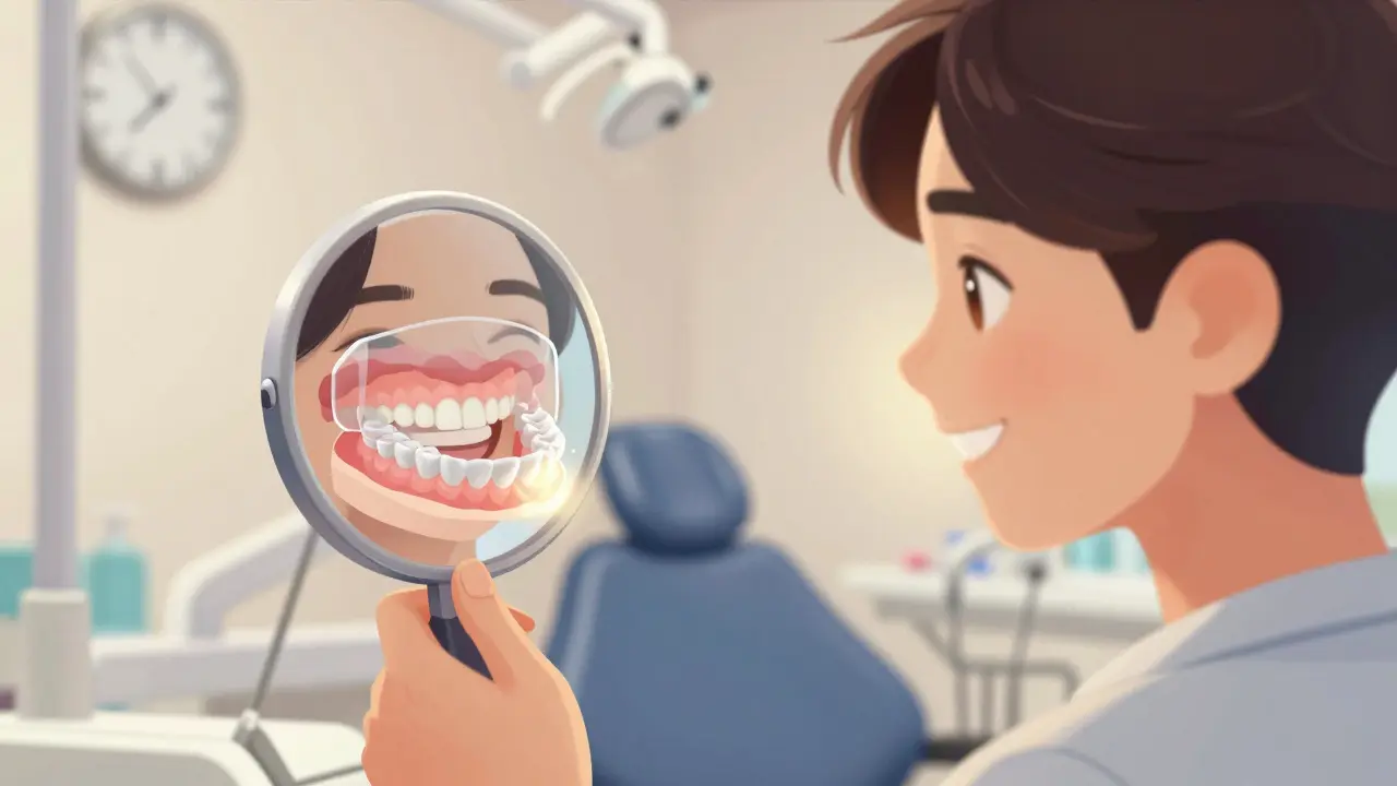 Pacient drží noční ochranný splint a hledí do zrcadla s přirozeným úsměvem, přední zuby s fazetami jsou viditelné.