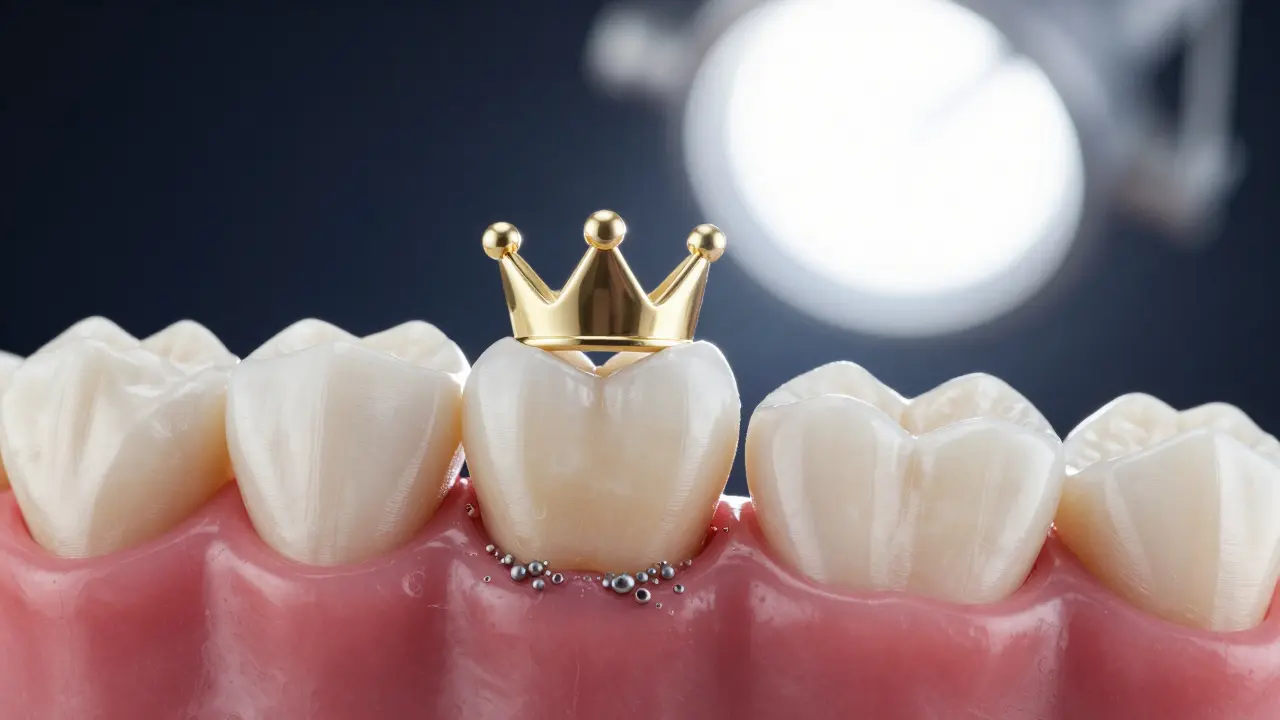 Plak se hromadí na hraně korunky u dásně, hrozba kariés pod korunkou.