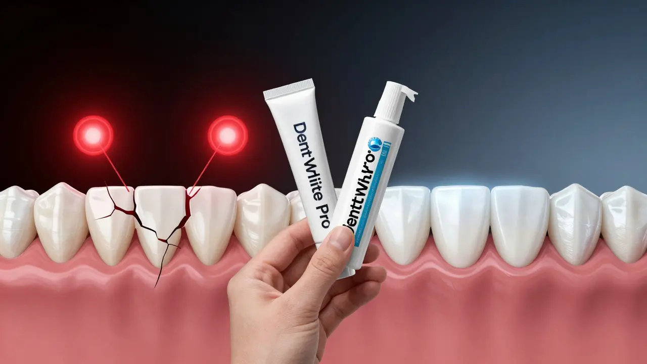 Porovnání poškozeného a obnoveného zubního skla: zleva citlivé zuby, zprava bílé a zpevněné zuby s hydroxyapatitem.