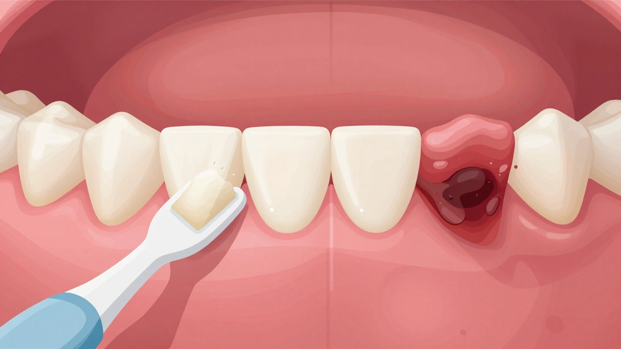Porovnání zdravých a zánětlivých dásní mezi zuby.
