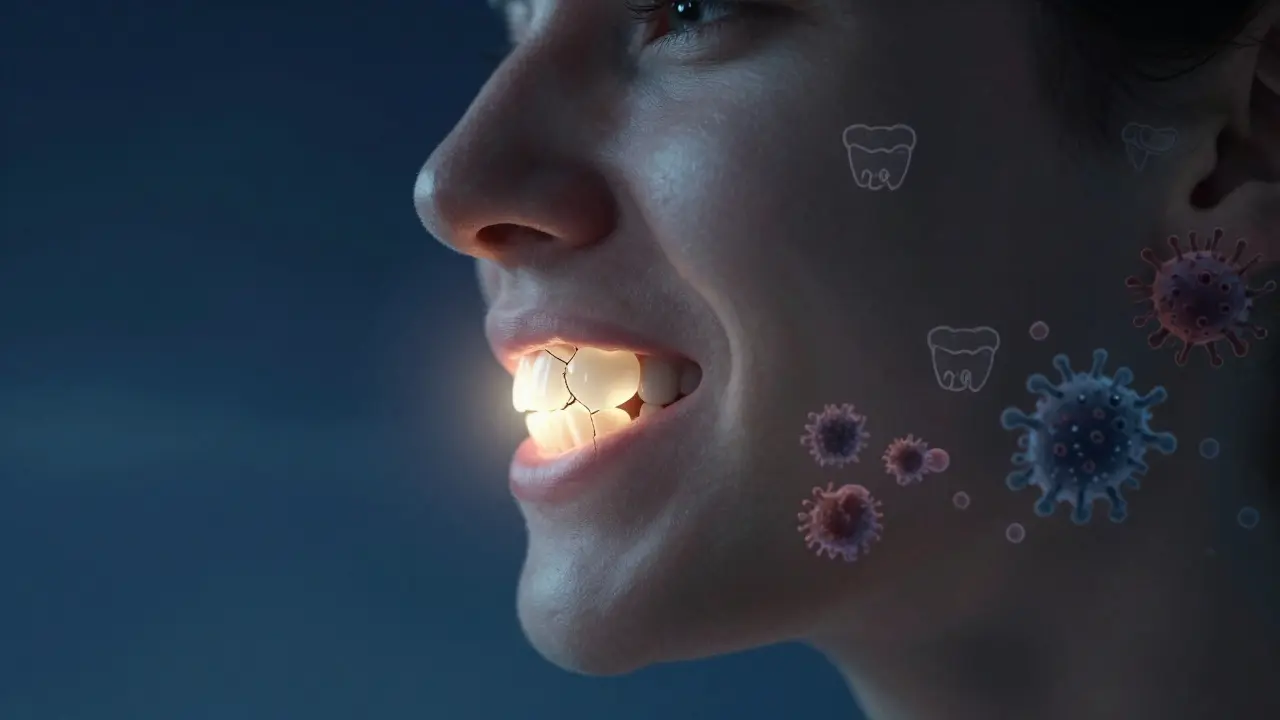 Poškozený řezák s oděrem skloviny způsobeným škrábání během spánku.