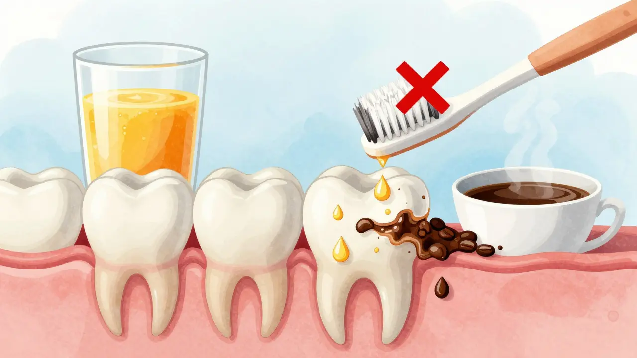 Přehled zubní skloviny poškozené kyselinou po snídání a škrábání kartáčkem.