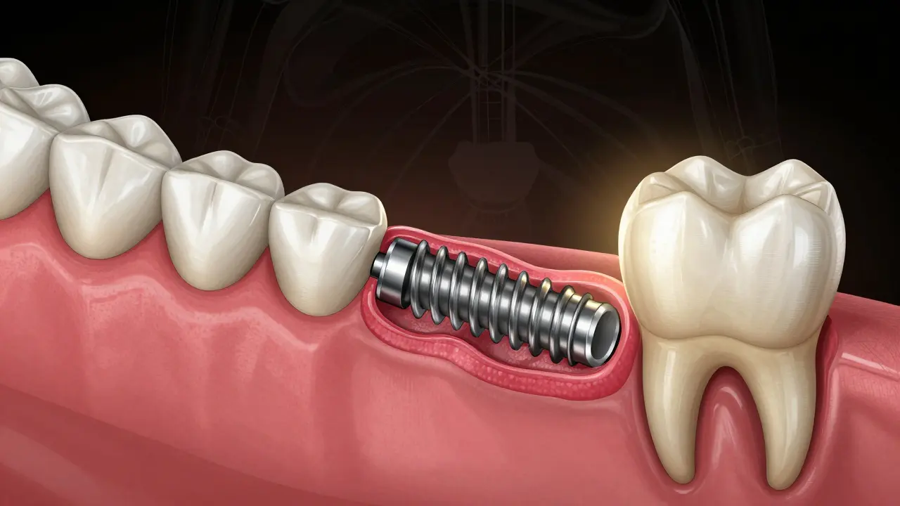 Příčný řez čelistí s implantátem integrovaným do kosti.