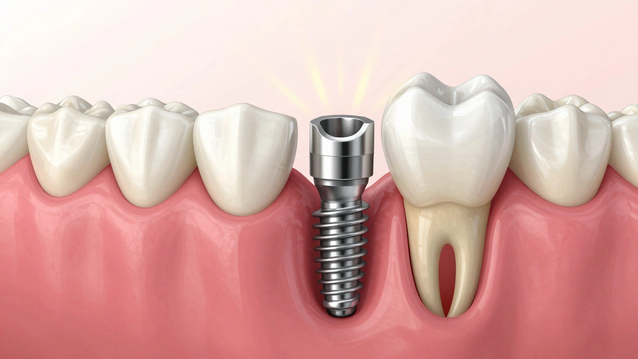 Příčný řez čelisti s implantátem spojeným s kostí a korunkou, symbolizující přirozenou obnovu.