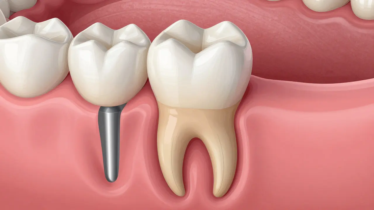 Příčný řez zubu s kořenem a korunkou na připraveném zubním zbytku.