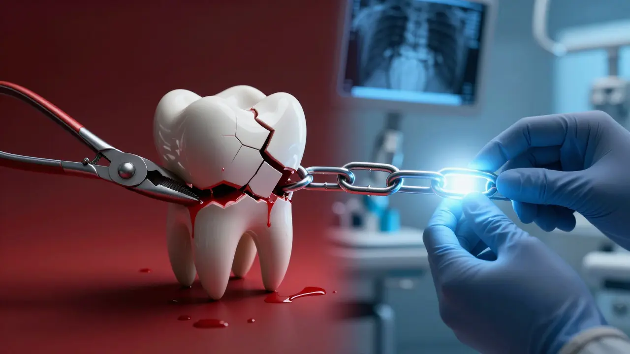 Rozdělený obrázek: nebezpečné vytrhnutí zubu doma vs. bezpečná léčba u zubního lékaře.