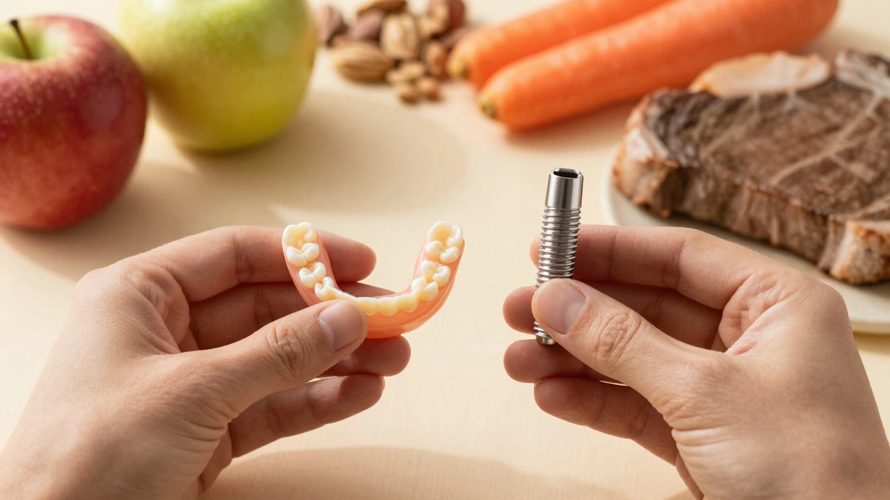 Ruka drží starou protézu a nový implantát vedle jídla, znázorňující rozdíl mezi omezením a svobodou.