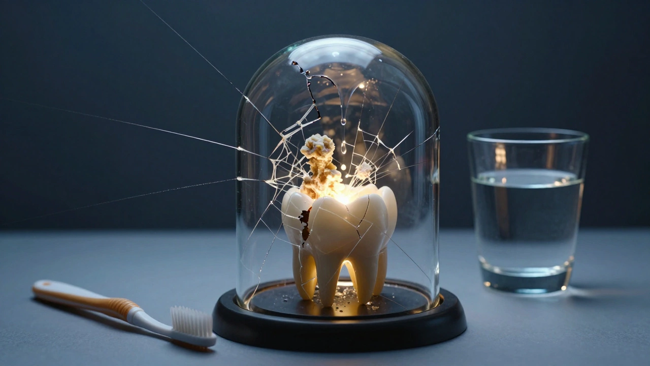 Skleněný kupol nad zubem s prasklinami, uvnitř se pomalu obnovuje minerální struktura.