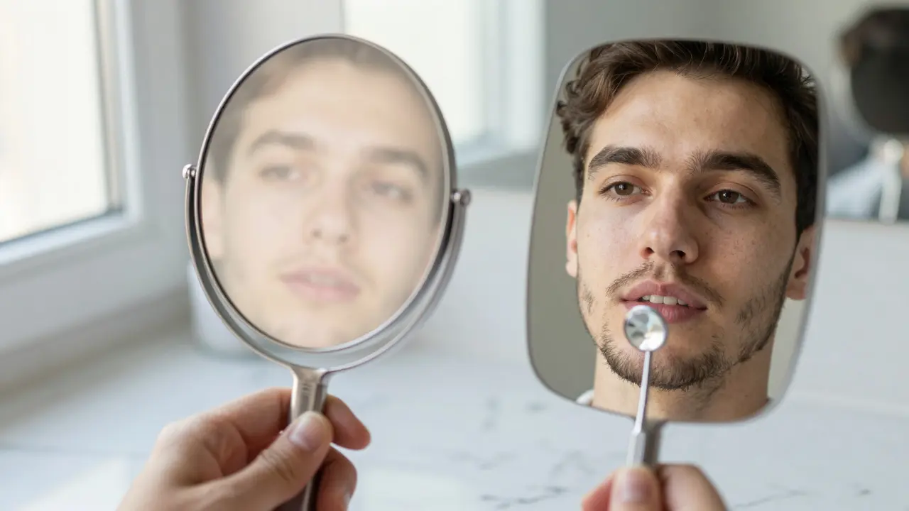 Srovnání běžného zrcadla s fázovaným zrcadlem: filtrovaná selfie vs. přirozená realita.