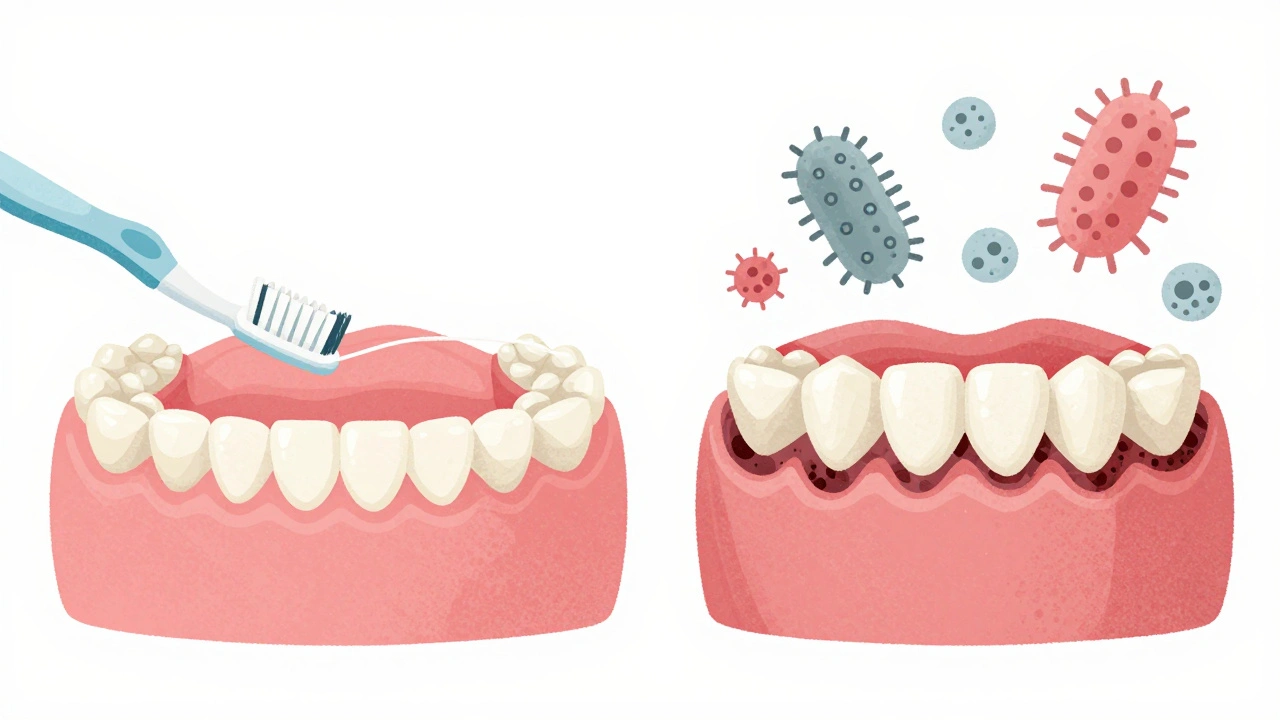 Srovnání zdravých a postižených zubů s plakem a kamenem