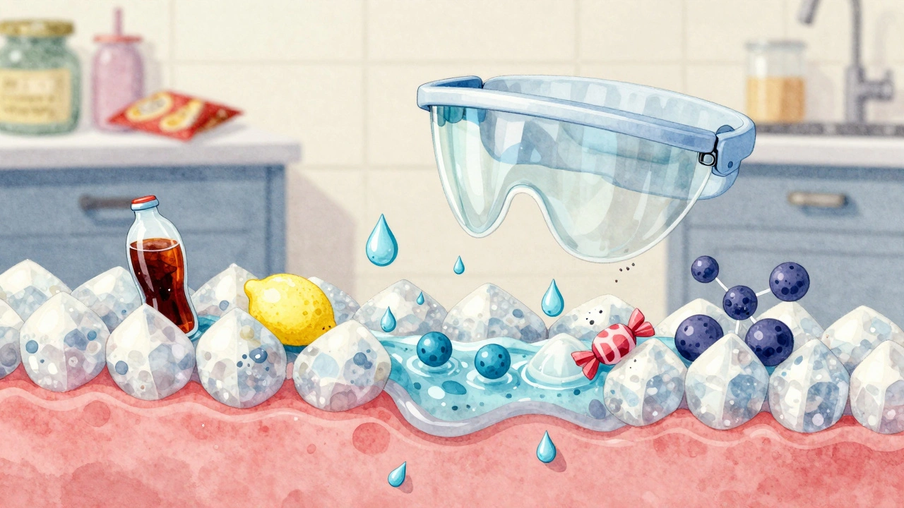 Symbolická scéna v ústech: kyselé kapky útočí na sklovinu, zatímco sliny a fluorid ji opravují.