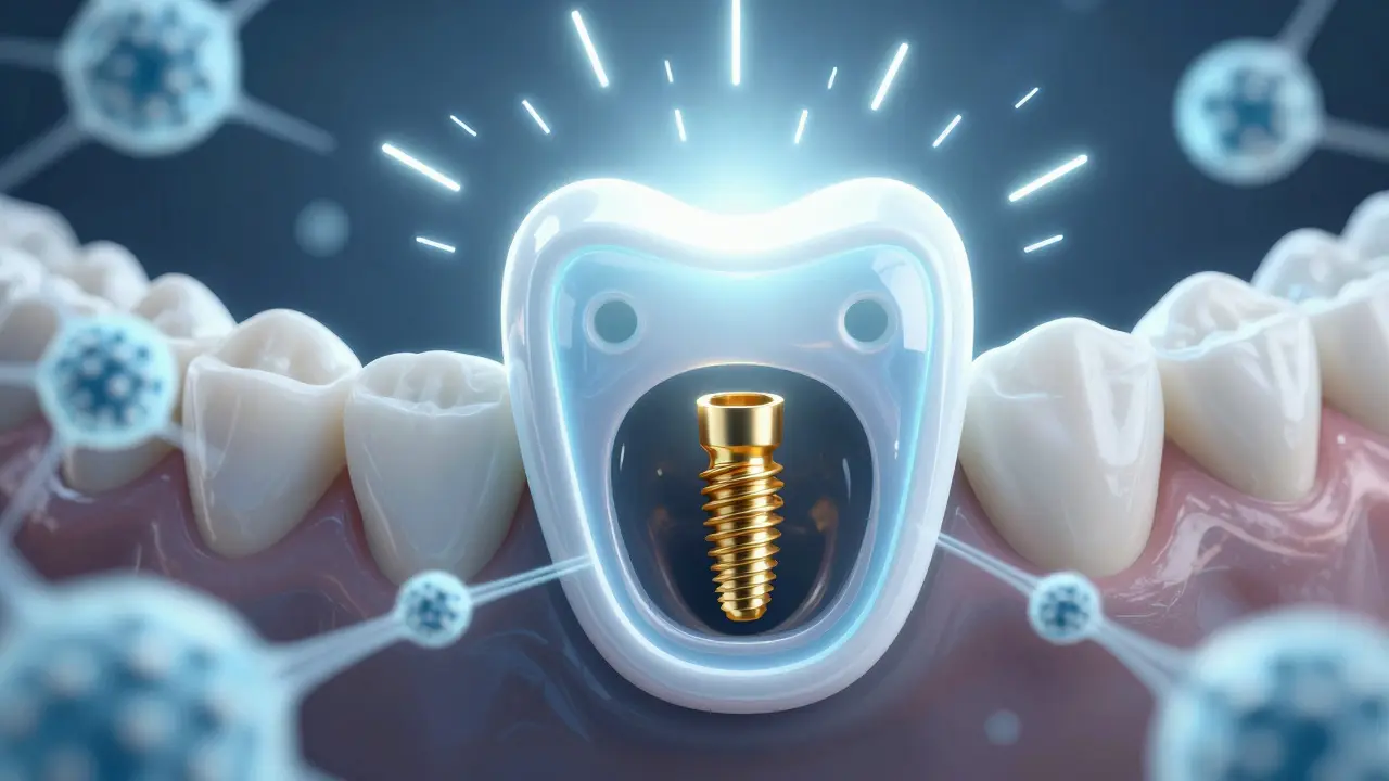 Symbolický obraz hojící kapky jako ochranného štítu kolem implantátu.