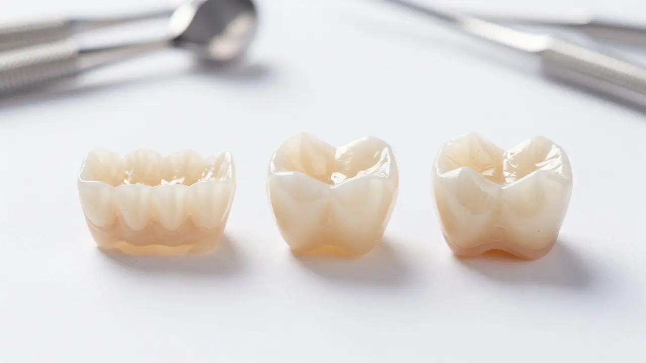 Tři typy zubních restaurací: porcelánové vložky, korunky a kompozitní materiál.