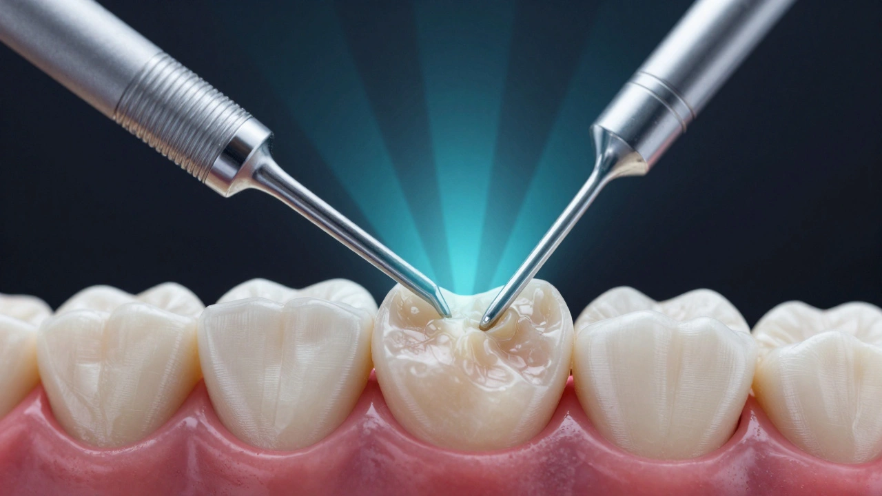 Ultrazvukový nástroj odstraňuje zubní kámen z povrchu zubu s jemným zářením.