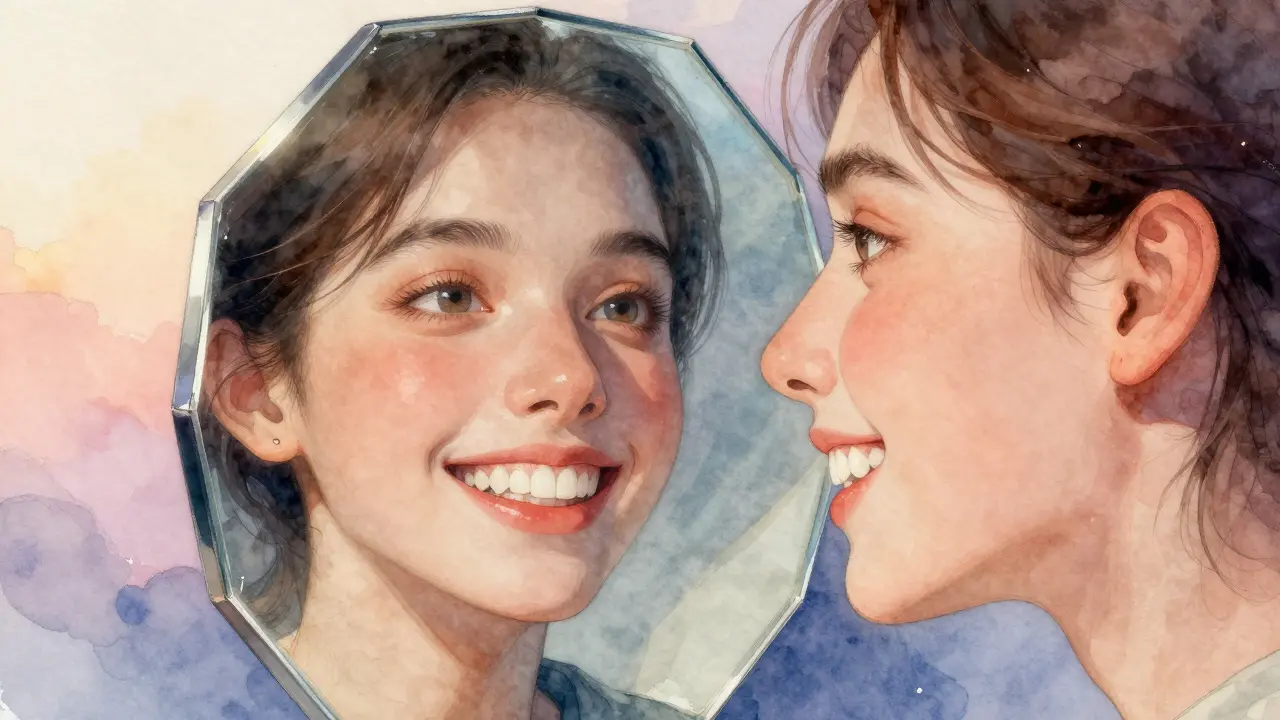 Umělecká ilustrace tváře odražené ve fázovaném zrcadle s třemi různými režimy světla.