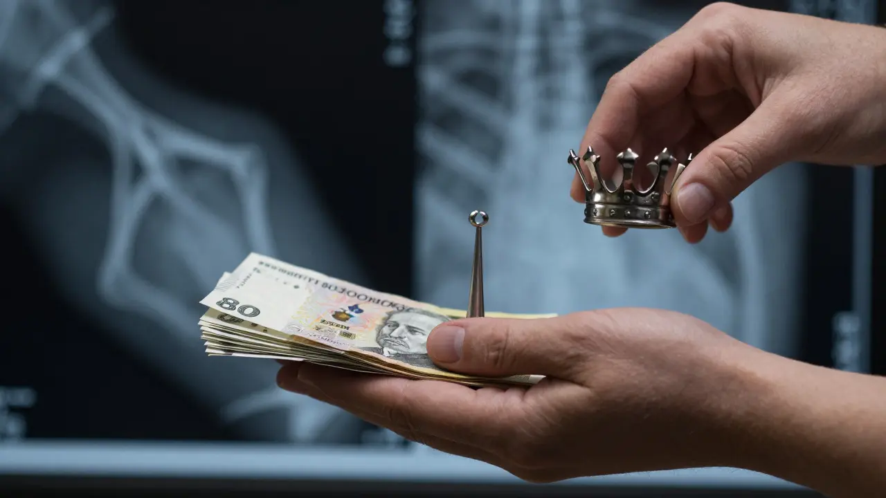 Váha s penězi a kovokeramickou korunkou – symbol investice do zdraví a úsměvu.