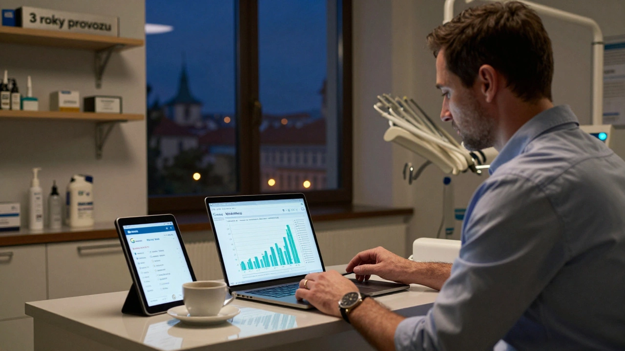 Vlastník zubní ordinace přehlíží měsíční výdělek s přehledem recenzí a městským výhledem.