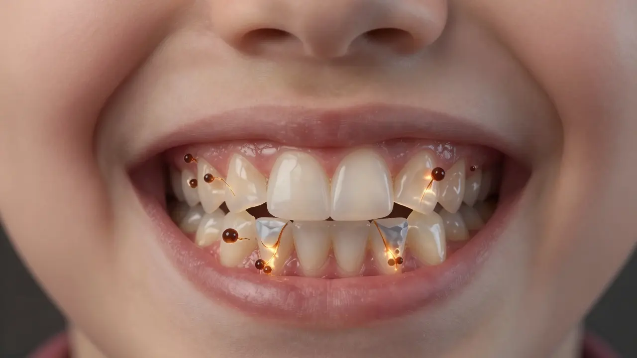 Vývoj trvalých zubů u dítěte s molekulami tetracyklinu vázanými na zubní tkáň.