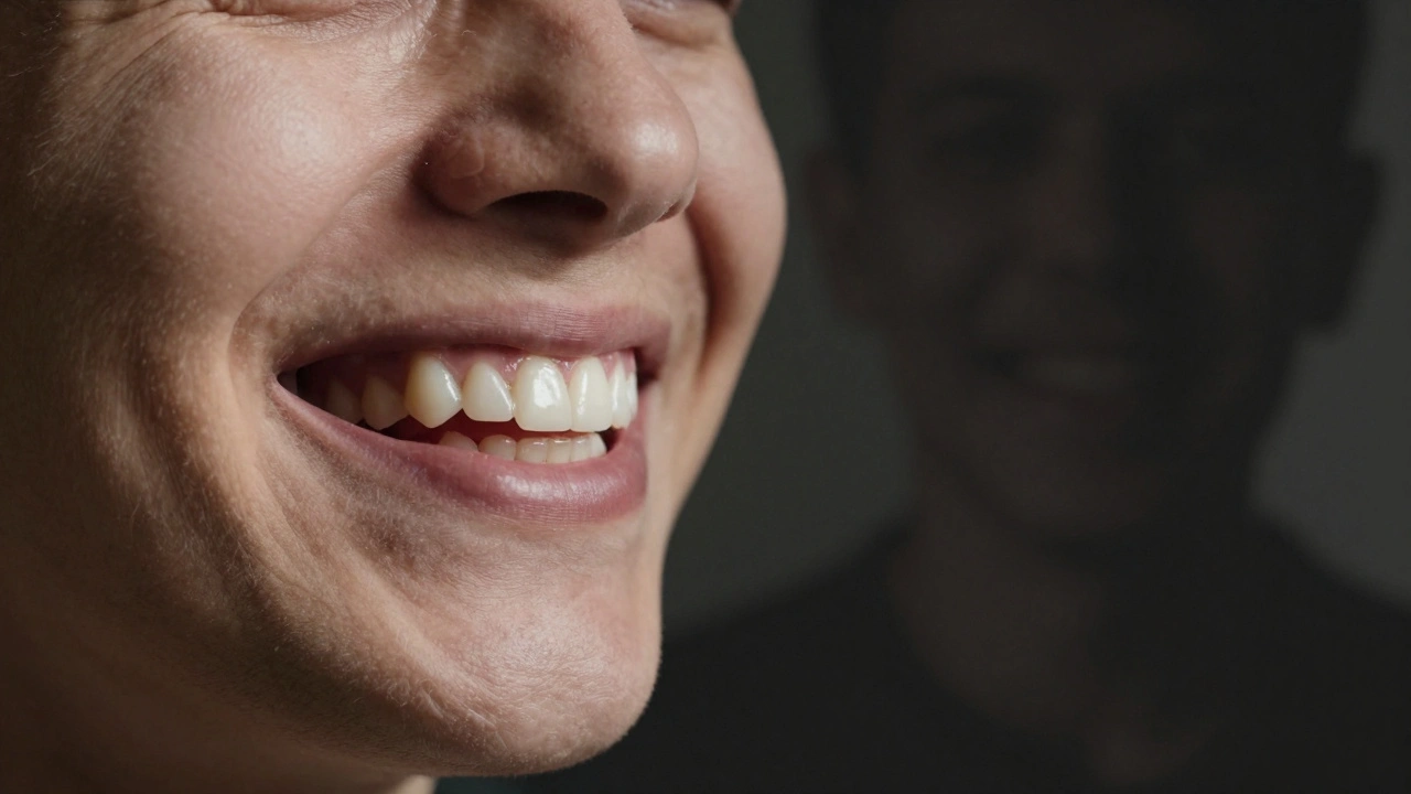 Zdravý úsměv vpředu, za ním stín bez zubů – symbol prevence.