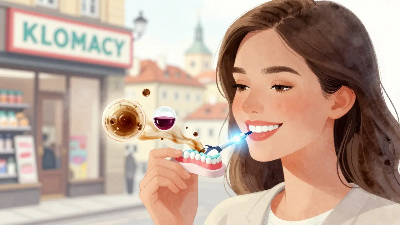 Žena používá domácí bělicí sadu, zuby se bělí, zároveň se obnovuje sklovinka mikroskopickými částicemi hydroxyapatitu.